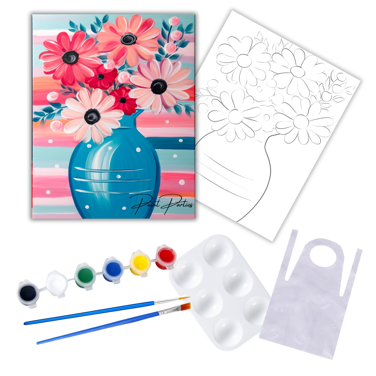 "Pink Bouquet In Blue Vase" DIY Canvas Art Kit, Adult Beginner, Acrylic Paint Size 11x14 inch